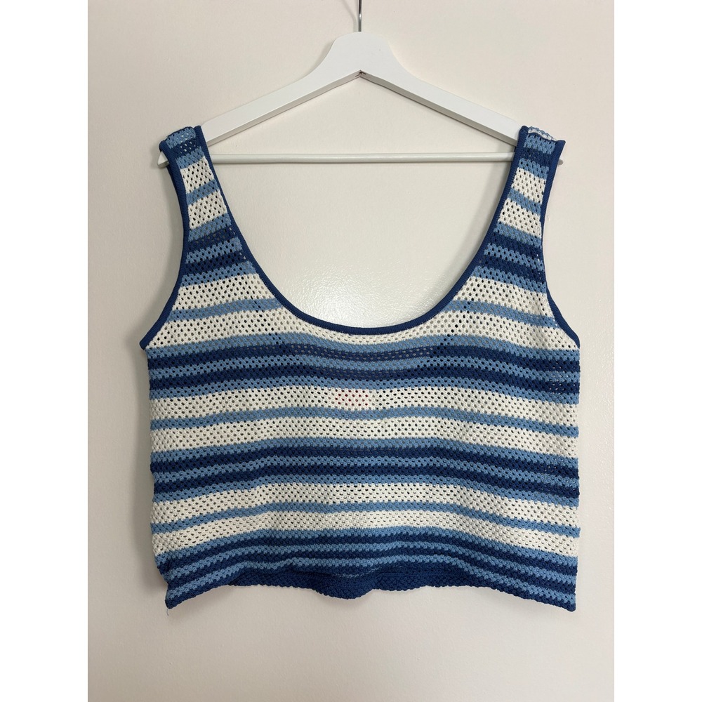 Solid & Striped Crochet Tank Top Medium Blue White Striped Knit Scoop Neck